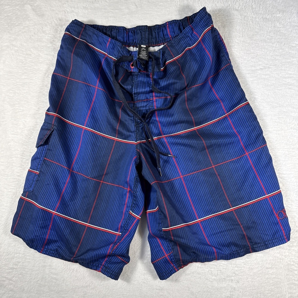 OP Men's Medium 32-34 Blue Red Windowpane Swim Trunks Long Board Shorts